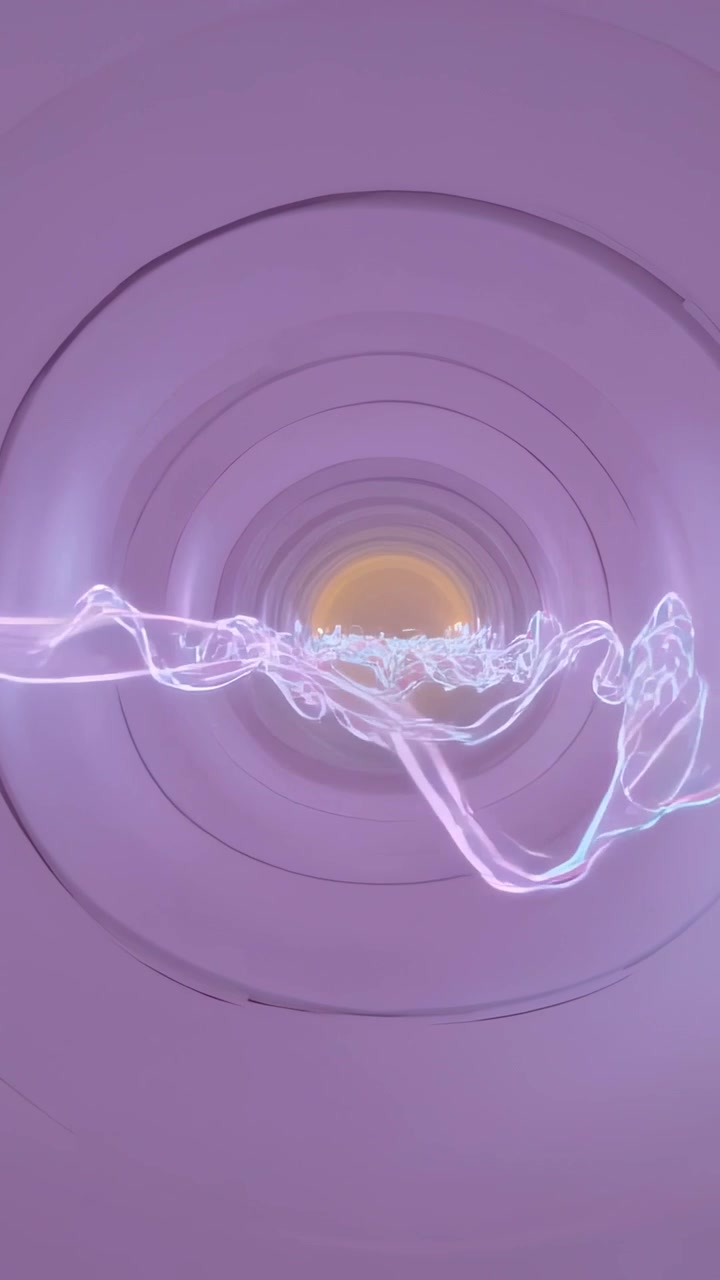 Vertical video: Emerging, neon ribbon growing and pulsing down purple tunnel toward gold light