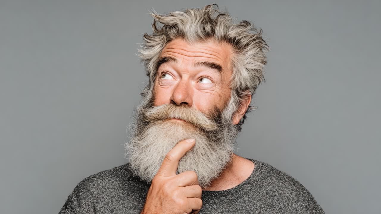 Un Uomo Riflessivo con una Barba Caratteristica e un'Espressione Giocosa, che Medita su Idee su uno Sfondo Neutro