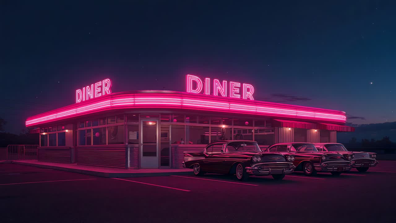 Blinking pink neon band causing camera pulling back at roadside diner revealing three vintage cars