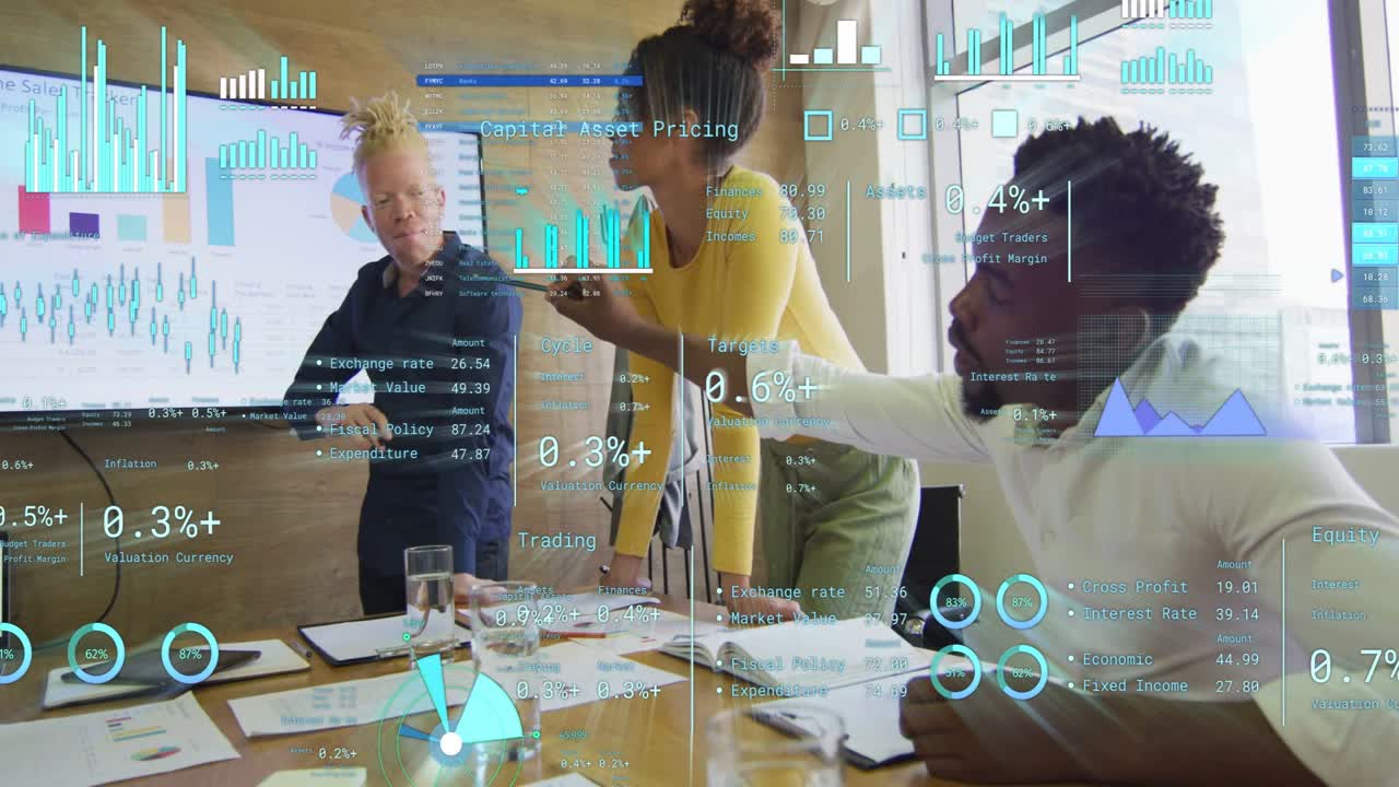 Team leaning and pointing at display, presenter initiating animated finance charts aligning figures