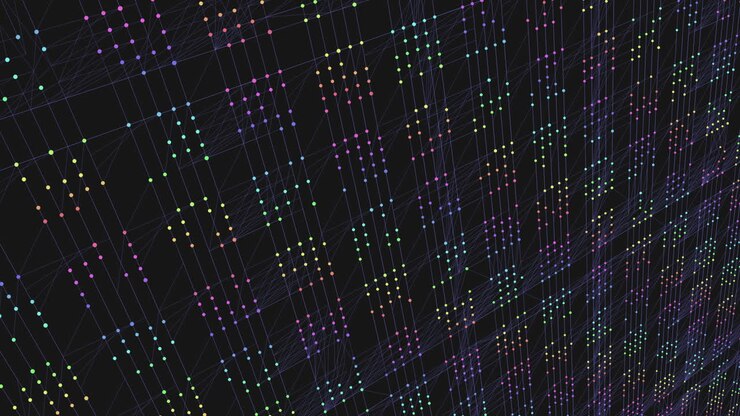 Vibrant circuit board showcases interconnected network of colorful dots