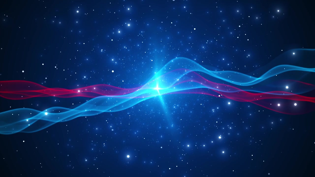 Blue red abstract wave background glowing ribbon lines star particles bright center flare cosmic