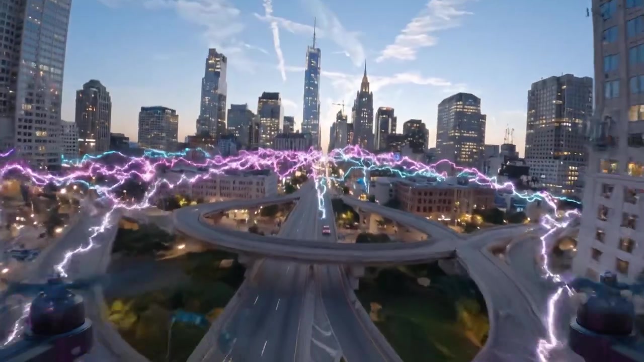 Dramatic View of a City Skyline Infused with Electric Energy, Showcasing Vibrant Lights and Dynamic Water Features, Capturing a Unique Aesthetic Contrast in Urban Landscape