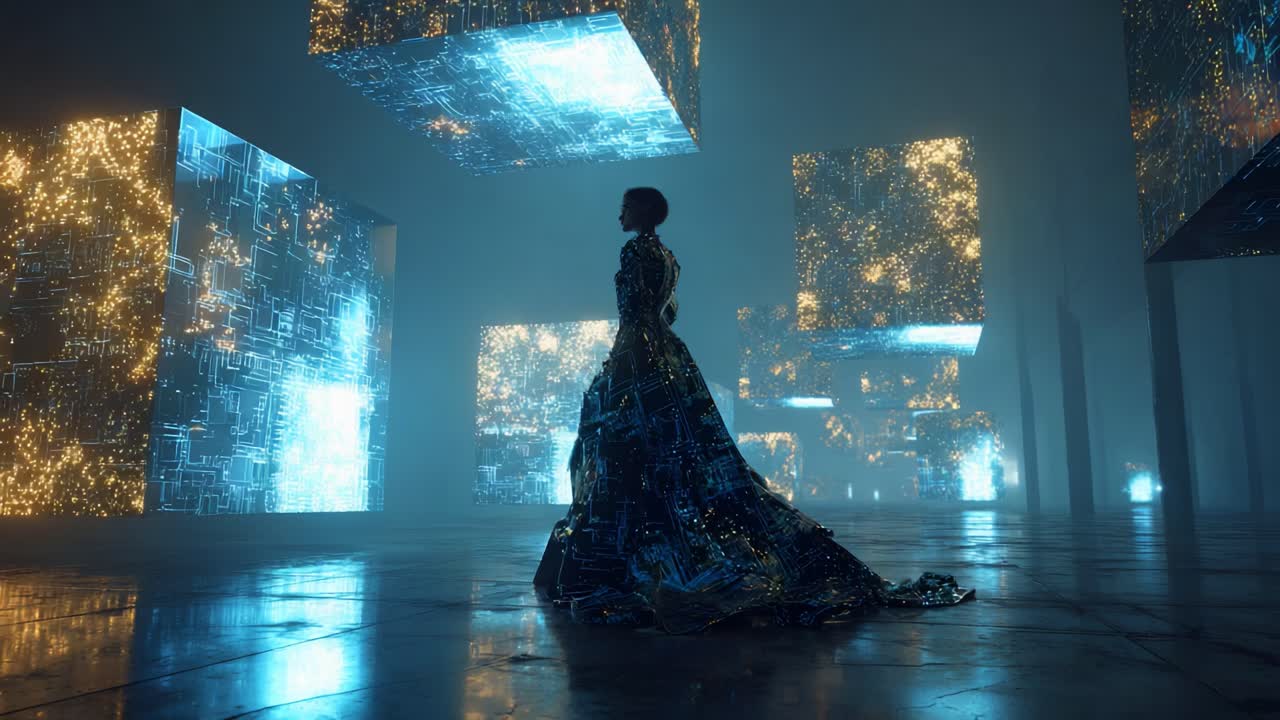 Futuristic Woman in a Circuit Board Dress