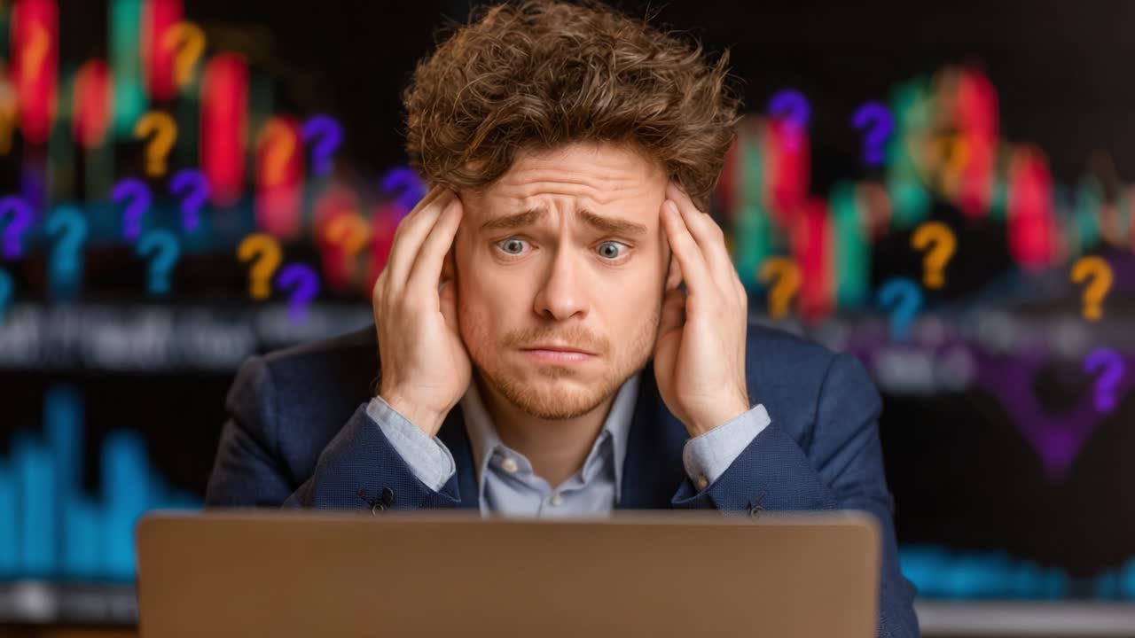 A Young Professional Expressing Stress and Confusion While Analyzing Data Trends on a Laptop Surrounded by Abstract Charts and Question Marks