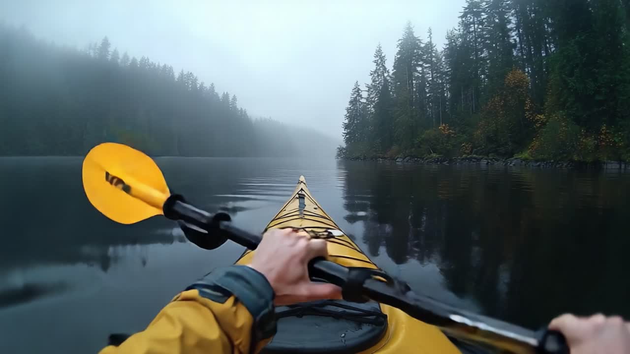 Kayaking Adventure Through Misty Waters: Experiencing the Serenity of Nature on a Foggy Morning While Paddling Calmly in a Yellow Kayak Surrounded by Lush Forest and Still Reflections