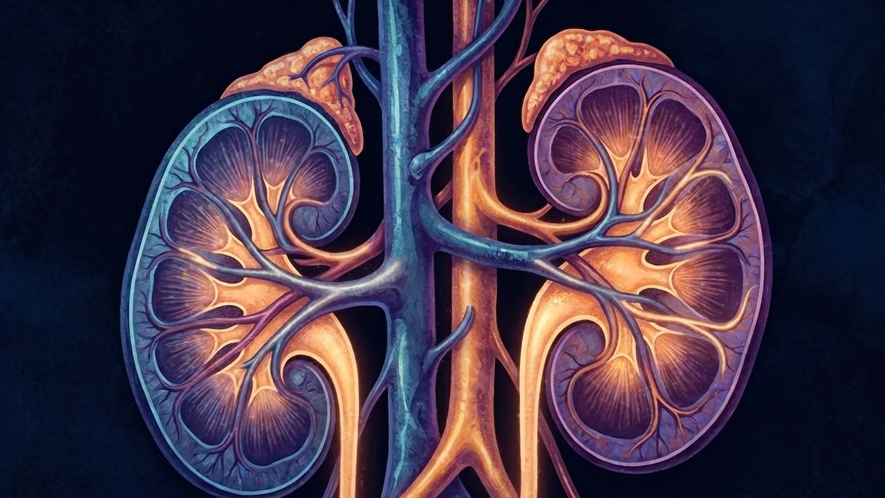 Illustrazione anatomica di reni umani e ghiandole surrenali