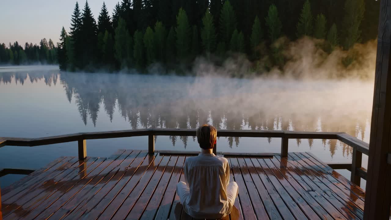 A serene video scene of a person meditating on a wooden deck by a misty lake, captured from behind