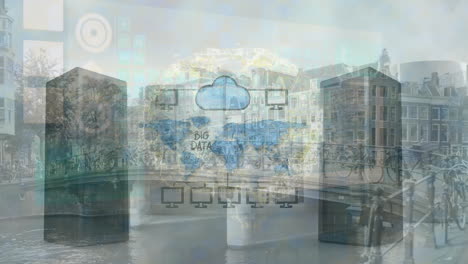 animación del globo con icono de nube y procesamiento de datos a través de servidores informáticos