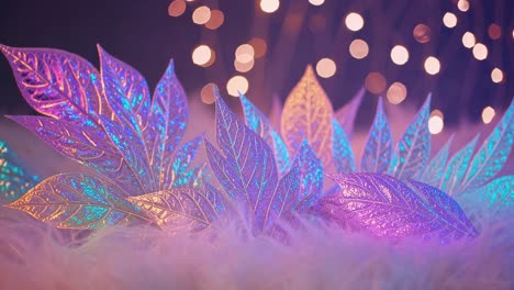 decorative translucent iridescent leaves are glowing on soft white feathers with bokeh lights in the background, creating a magical and festive atmosphere