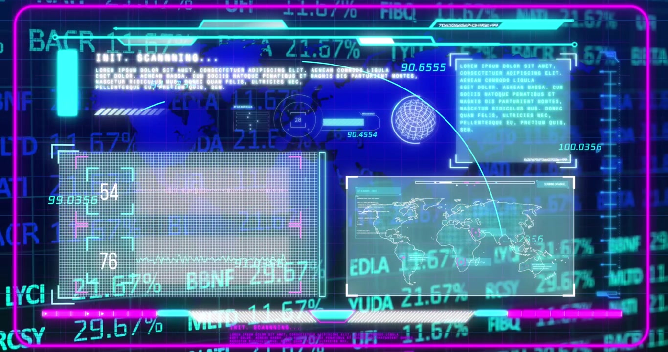 Digital World Map Interface with Financial Data and Stock Market Graphs