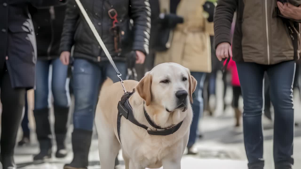 Guide dog wearing a harness, walking on a leash through a crowded street, navigating among people's legs while assisting a blind person on a chilly winter day