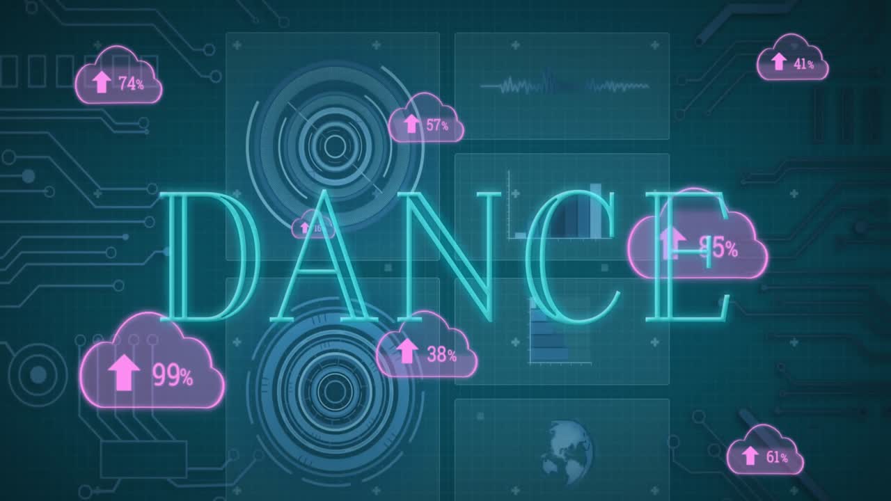 Animation af danstekst og databehandling med skyer på blå baggrund