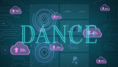 Animation-of-dance-text-and-data-processing-with-clouds-on-blue-background