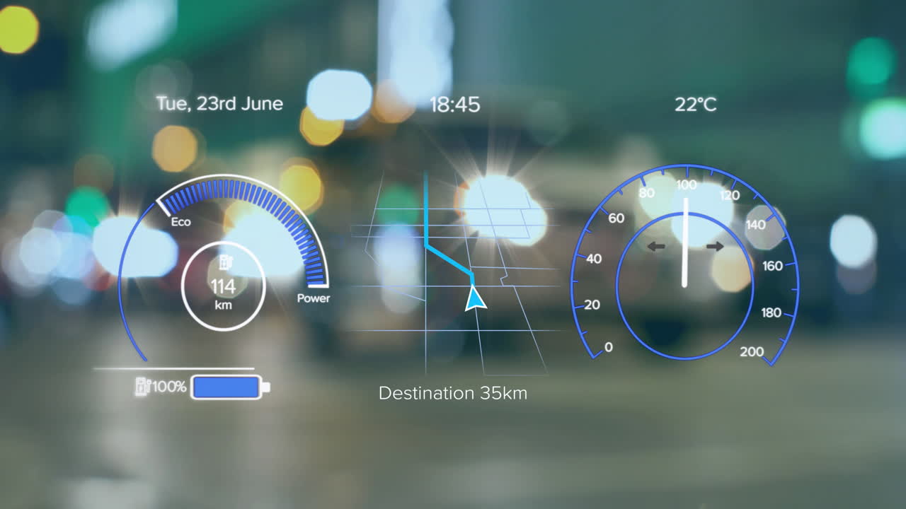 animación del procesamiento de datos del velocímetro de coches eléctricos sobre la ciudad