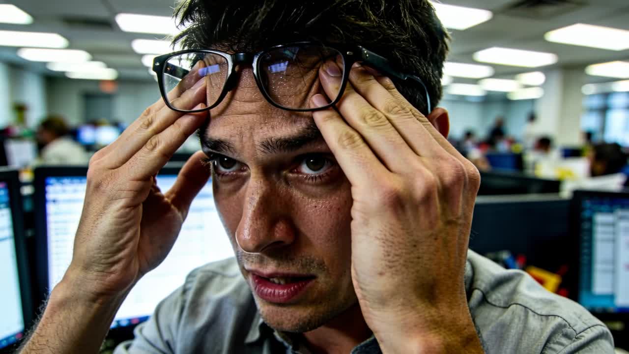 Male analyst adjusting glasses and rubbing temples, reacting to animated finance alert on monitors