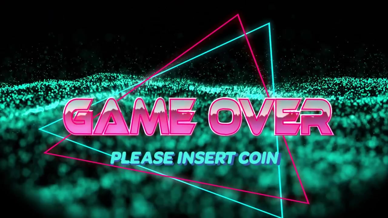Puntos verdes neón que inician GAME OVER girando, mientras triángulos enmarcan un mensaje que insta a insertar una moneda.