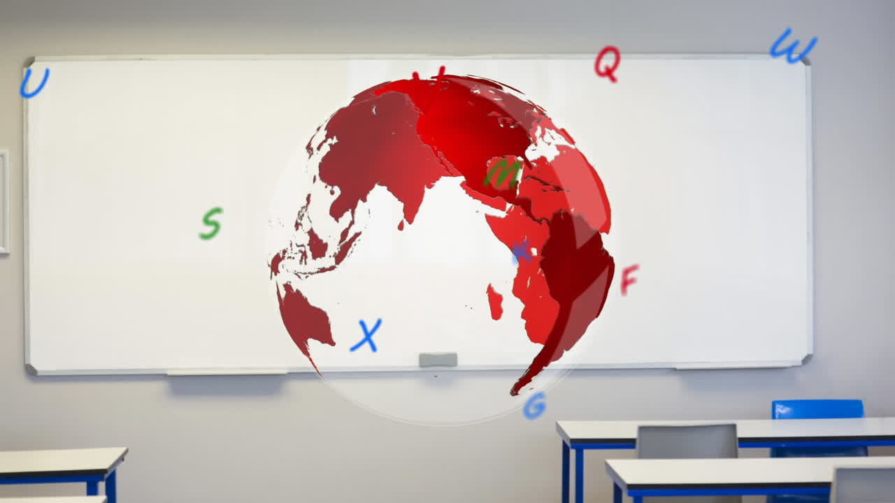 빈 교실을 배경으로 회전하는 지구 위에 떠다니는 알파 ⁇ 의 디지털 구성