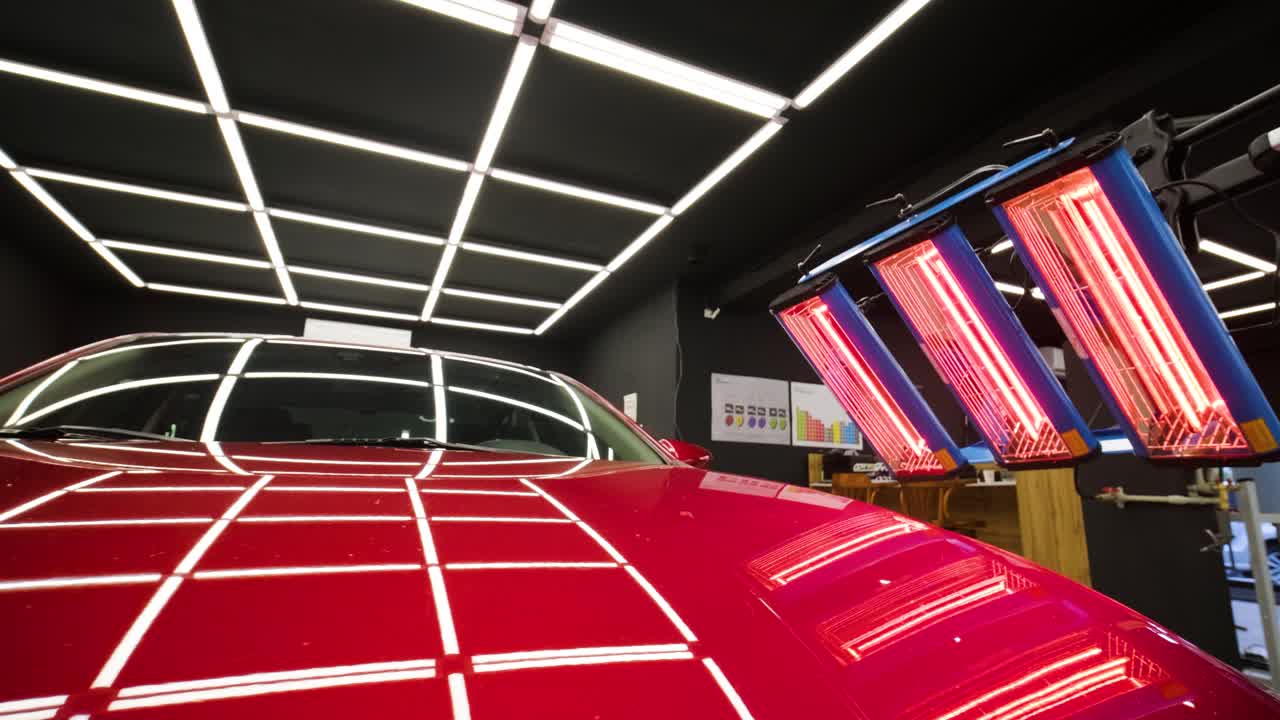 세라 코팅을 건조하기 위한 빨간 램프가 차 뒤에 있습니다.