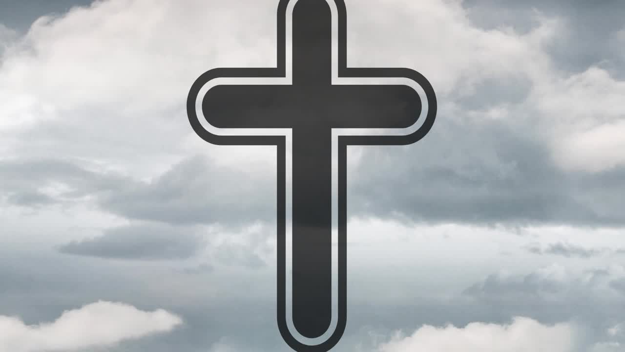 On start stylized black cross remaining centered while gray clouds shifting to create calm backdrop