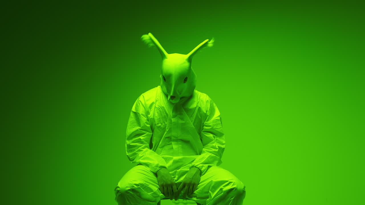 Person in Green Protective Suit with Rabbit Mask