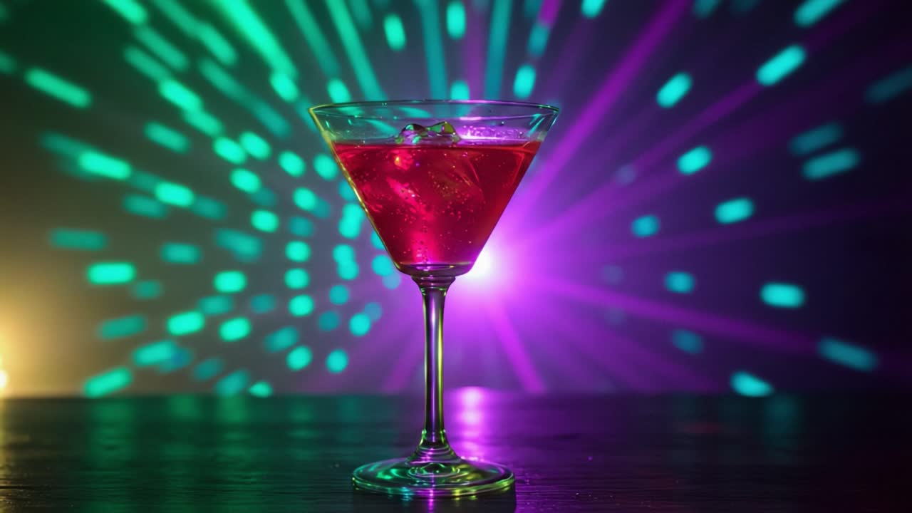 Un cóctel vibrante en un vaso realzado por efectos de iluminación dinámicos y bokeh, que muestra intensos colores rojo, verde y azul sobre un fondo deslumbrante
