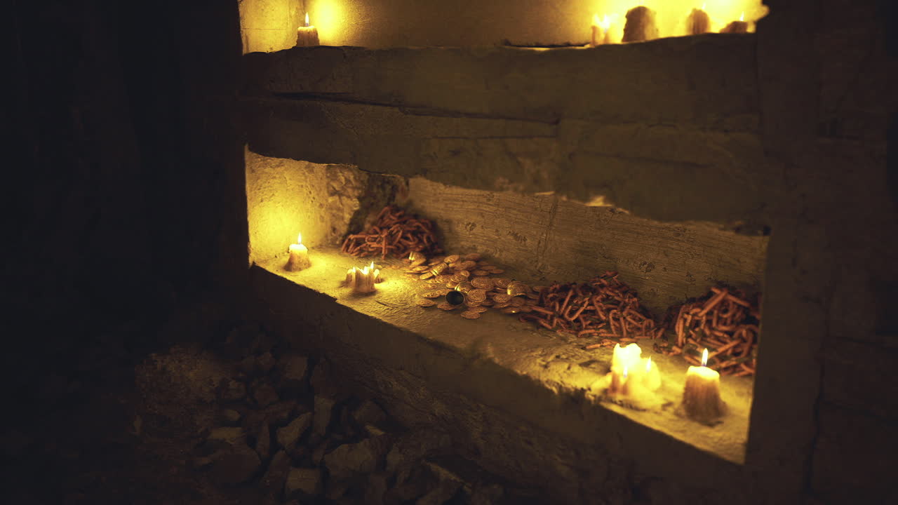 Caverna escondida repleta de velas cintilantes e um ambiente musgoso silencioso