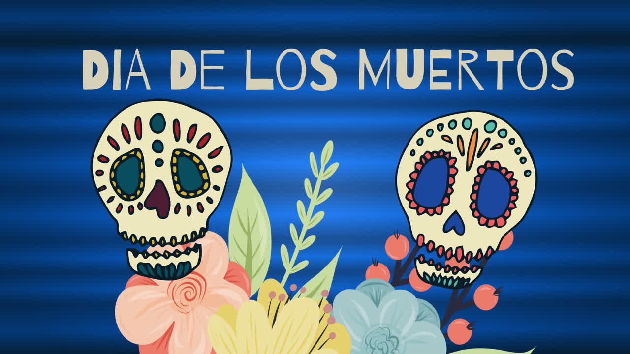 Animation af Dia de los Muertos over dekorative kranier på blå baggrund med blomster