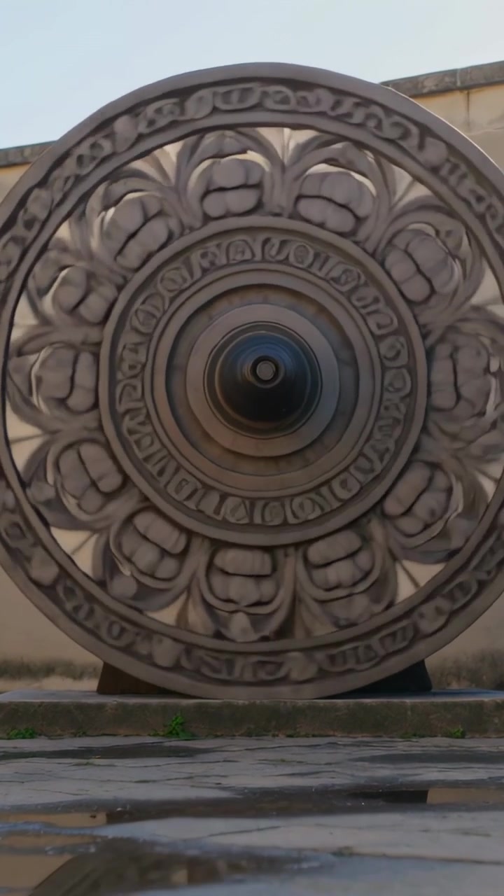 Vertical video: Rising low camera revealing ornate wheel on stone base, showing puddle reflections