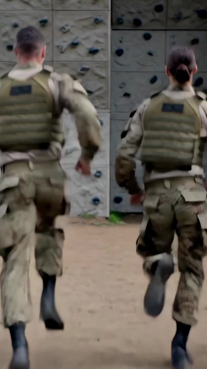 Vertical video: Sprinting two soldiers responding to whistle toward climbing wall, wearing vests