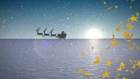 animation of snow falling and santa claus in sleigh with reindeer over winter landscape