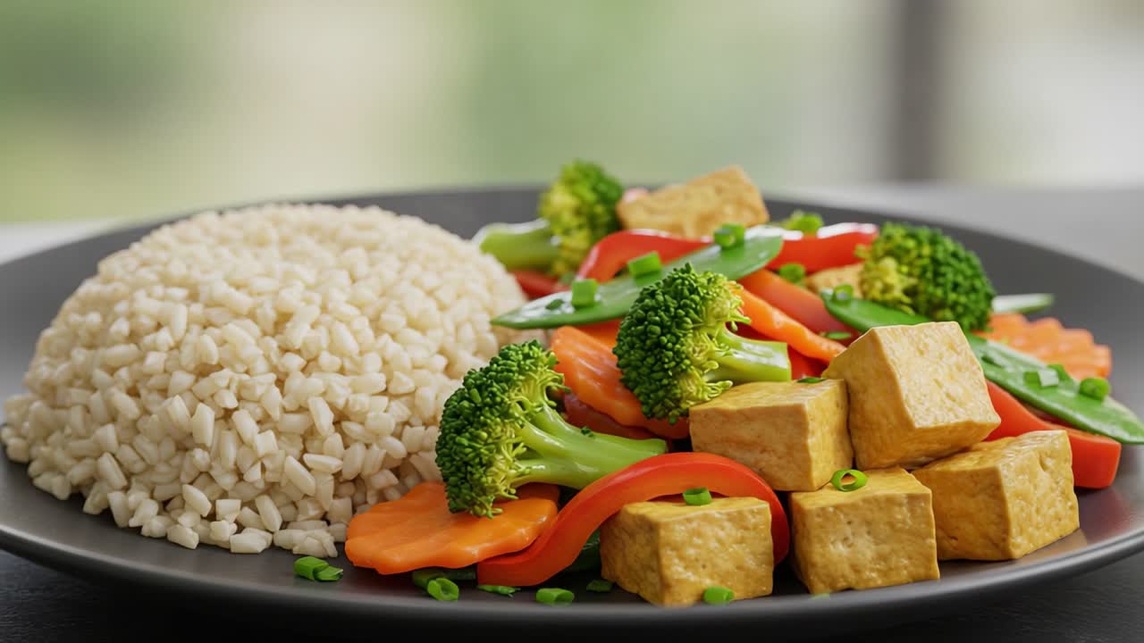 Vibrant Plant-Based Dish Featuring Brown Rice, Colorful Vegetables, and Protein-Rich Tofu, Showcasing a Wholesome, Nutritious Meal for a Healthy Lifestyle