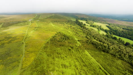 aerial view of a hilly landscape with forest and fields