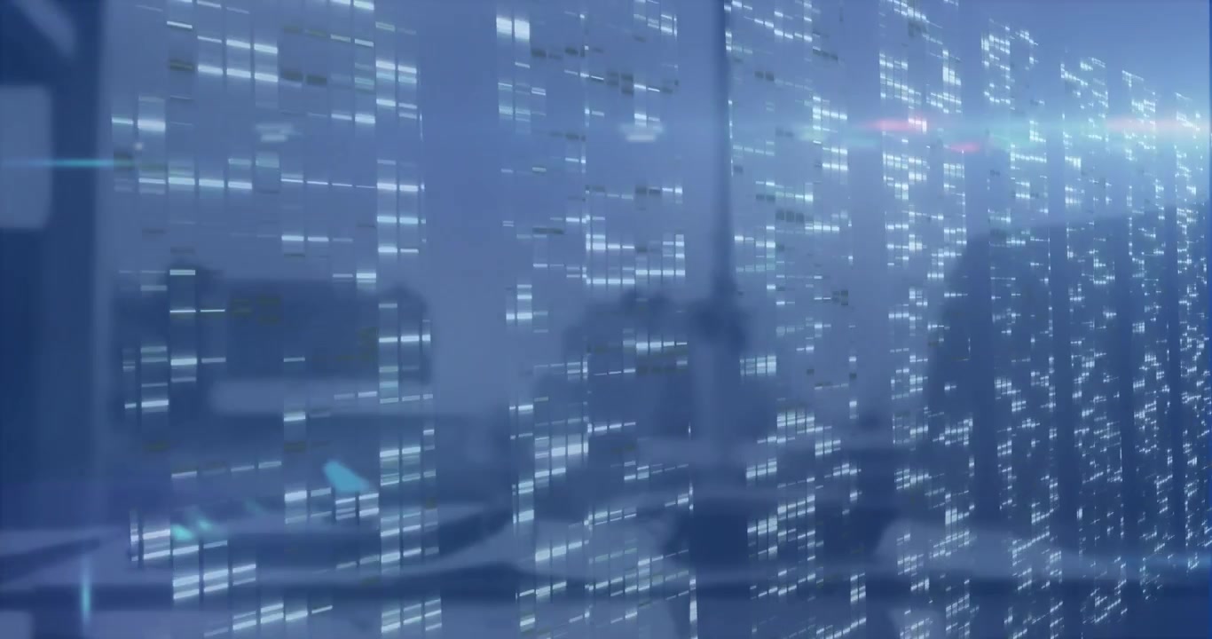 Animation of screens of mosaic squares and light spot against empty office