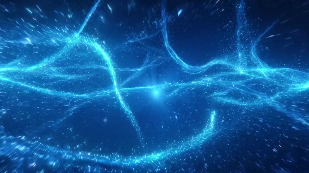 光る青い粒子と光の筋が特徴の抽象的なモーション背景
