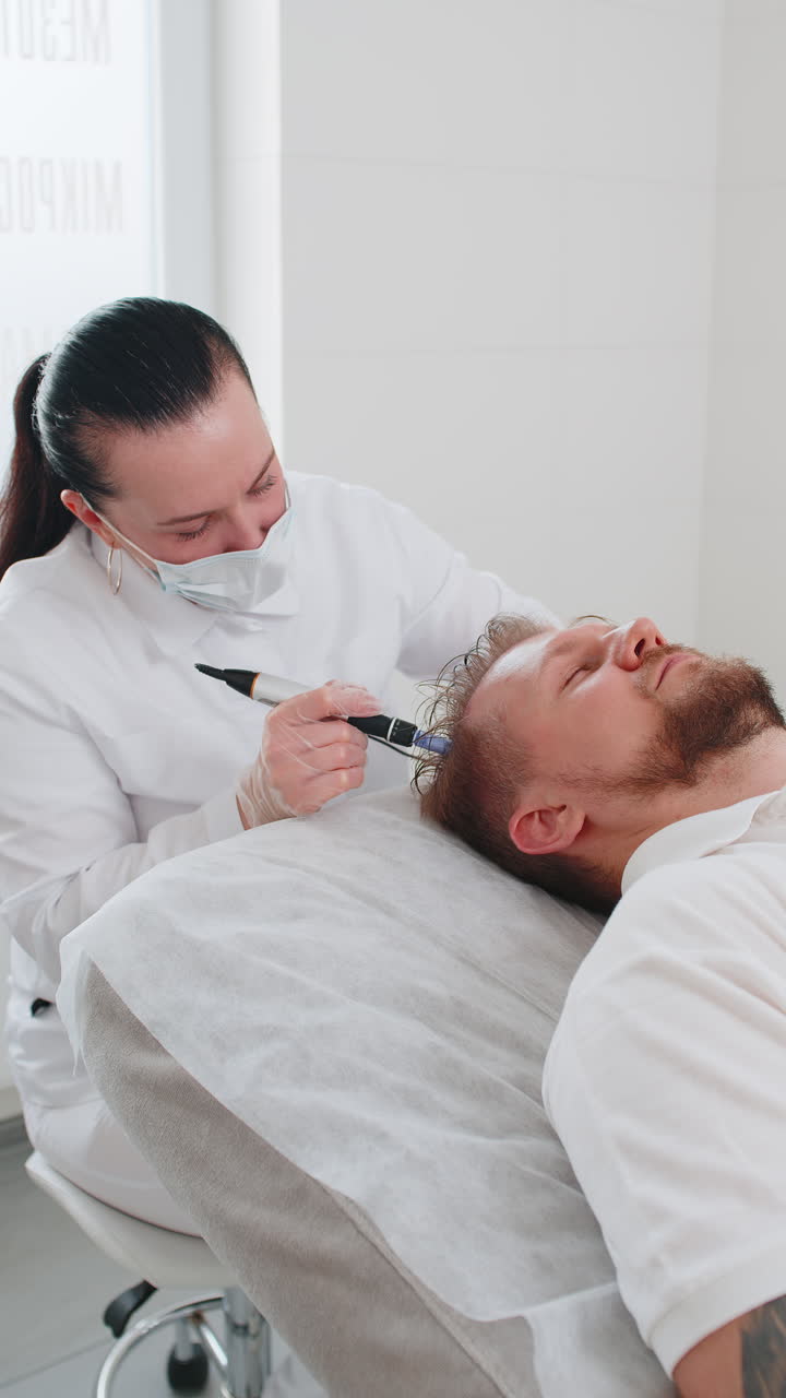 tricólogo haciendo hombre mejorar el crecimiento del cabello procedimiento dermapen microneedling inyecciones de vitaminas