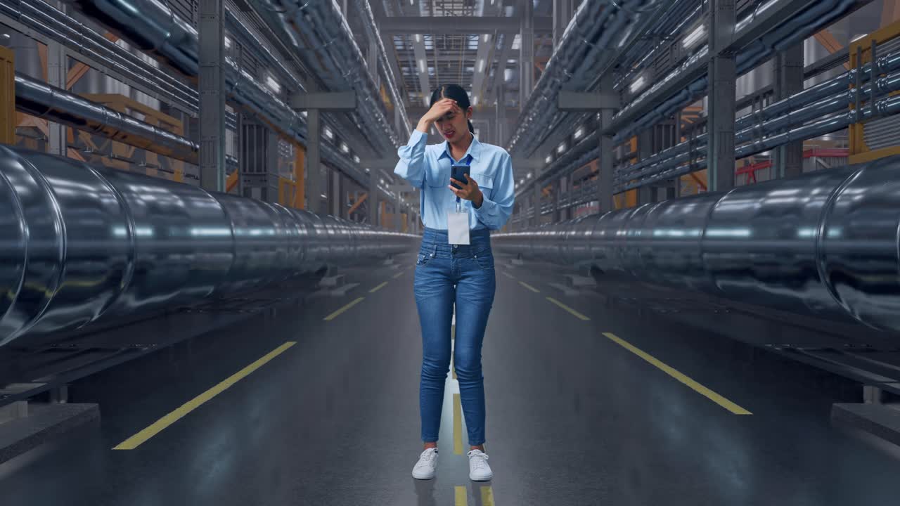 Woman looking at her mobile phone in a factory