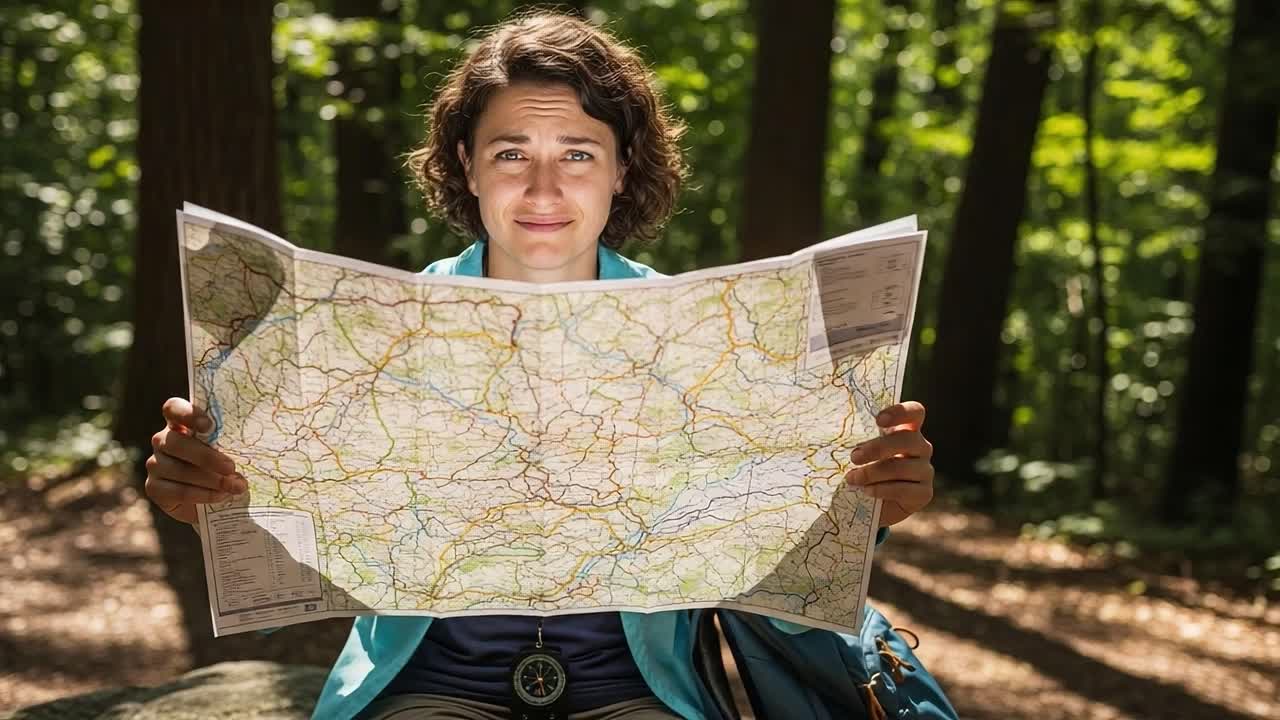 A Confounded Traveler Examines a Map in a Lush Forest, Capturing the Moment of Uncertainty and Wonder in the Heart of Nature's Embrace