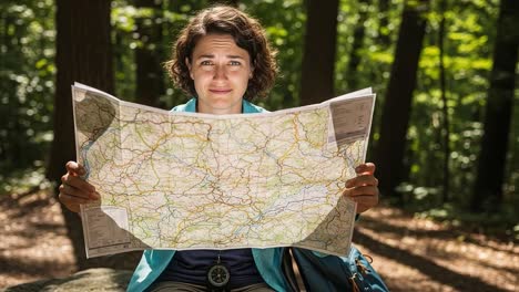a confounded traveler examines a map in a lush forest, capturing the moment of uncertainty and wonder in the heart of nature's embrace