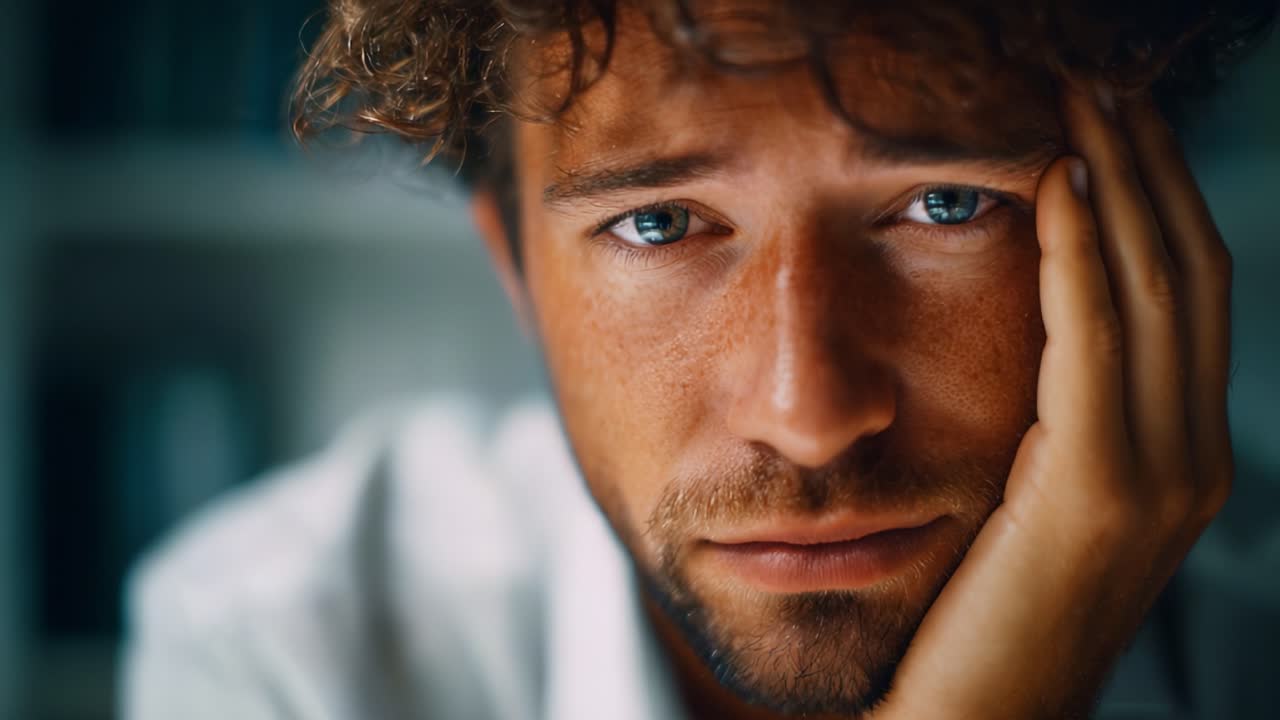Pensive Man Contemplating Life's Challenges with Concerned Expression in a Thoughtful Moment Captured in Soft Lighting and Intimate Close-Up View