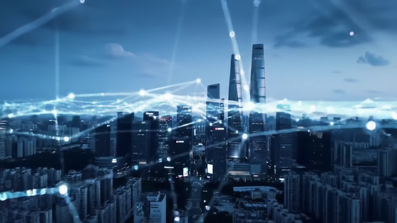 A Stunning Skyline View of a Futuristic City at Dusk, Featuring Tall Skyscrapers and a Network of Light Representing Digital Connectivity
