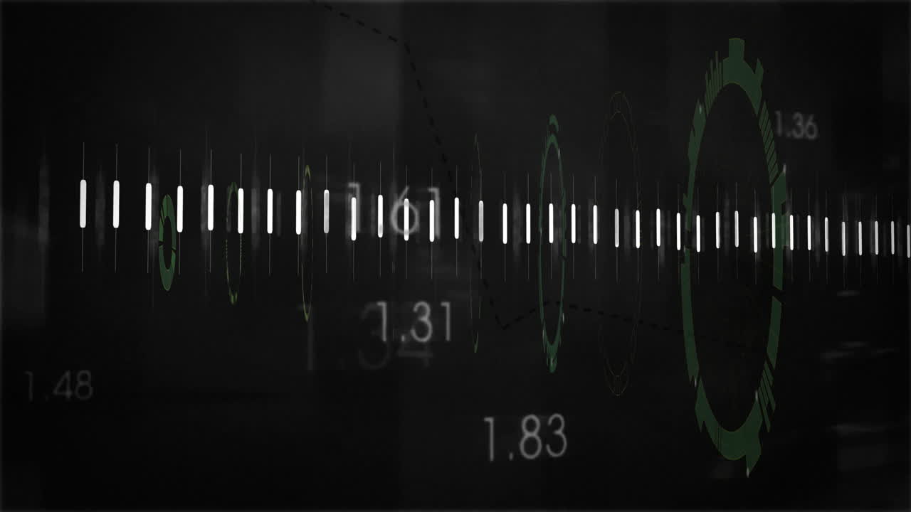 Abstract animation with numerical data and green waveforms on dark background