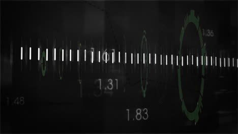 abstract animation with numerical data and green waveforms on dark background