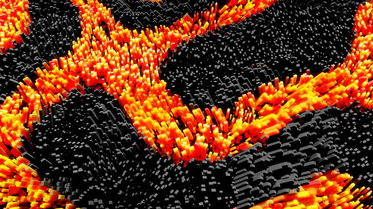 오렌지색의 파동은 반이는 블록을 따라 달려서 마치 장미처럼 파동하는 표면에 아름다운 패턴을 형성합니다. 4k 추상적인 루프 bg, 산호처럼 흔들리는 막대기. 추상적인 그라디언트 패턴. vj 루프 모션.