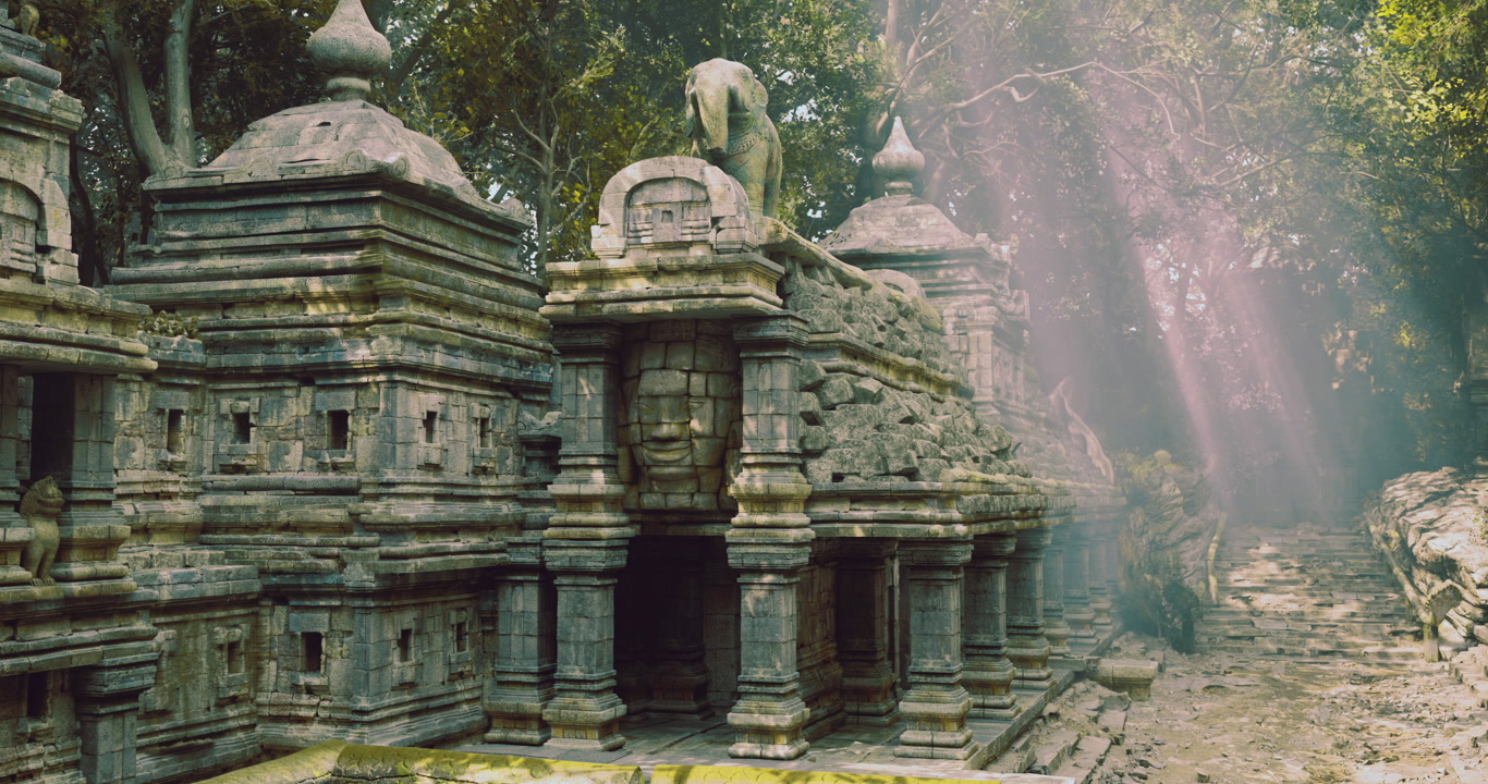 Ancient stone structures surrounded by lush greenery in a mystical setting