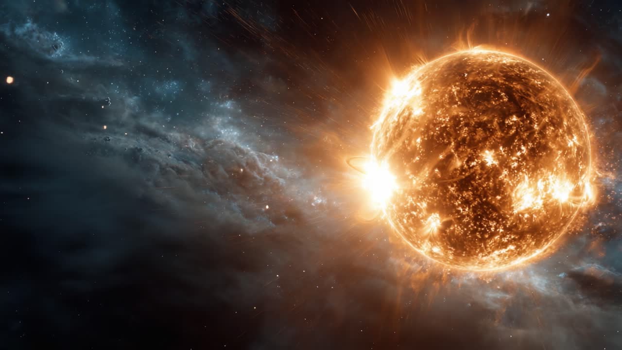 Et betagende kosmisk skue af en strålende sol omgivet af funklende stjerner og himmelske skyer, fanget i fantastisk detalje mod verdensrummets mørke afgrund