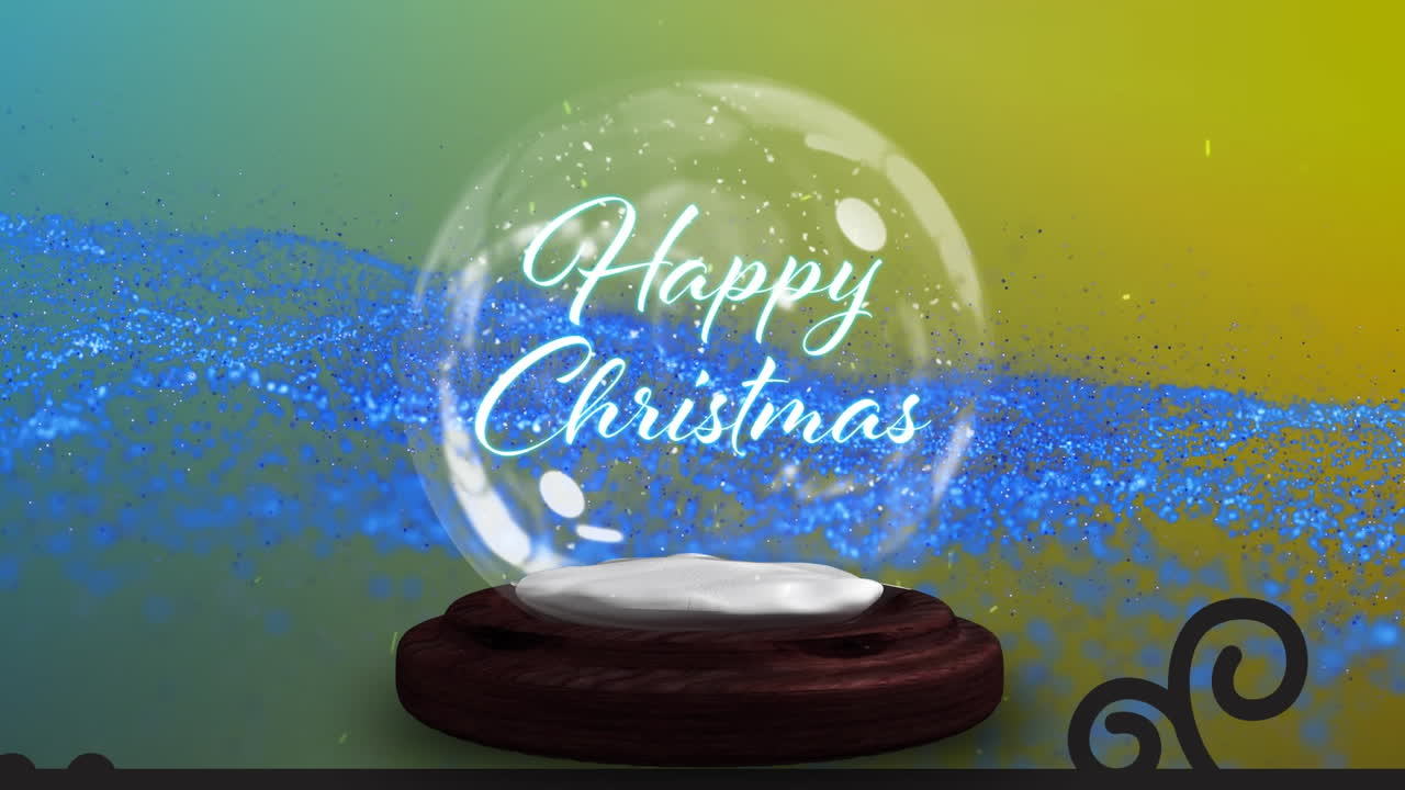 크리스마스 축하 텍스트와 함께 스노우 글로브 위의 눈과 빛의 반점 애니메이션