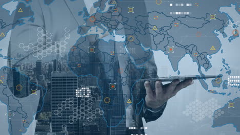 animation of world map over hands of caucasian businessman using tablet