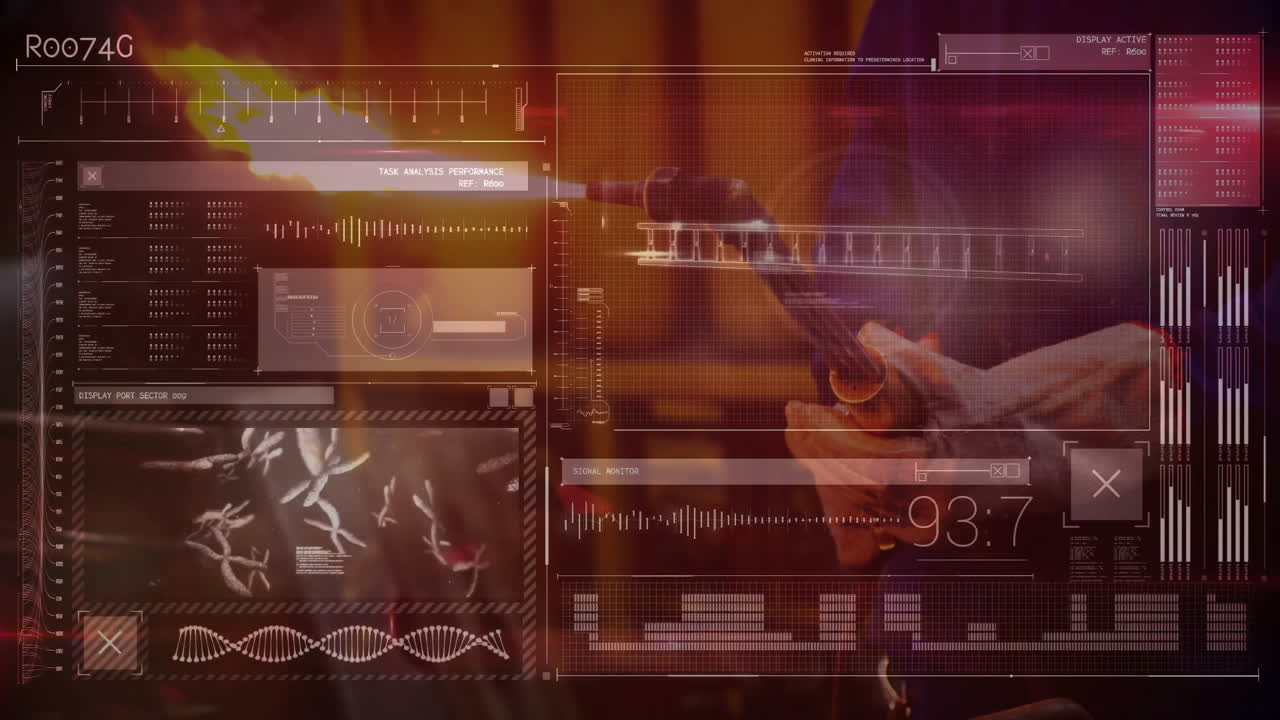 Engineer interacting with handheld device displaying UI with DNA helix and wireframe aircraft