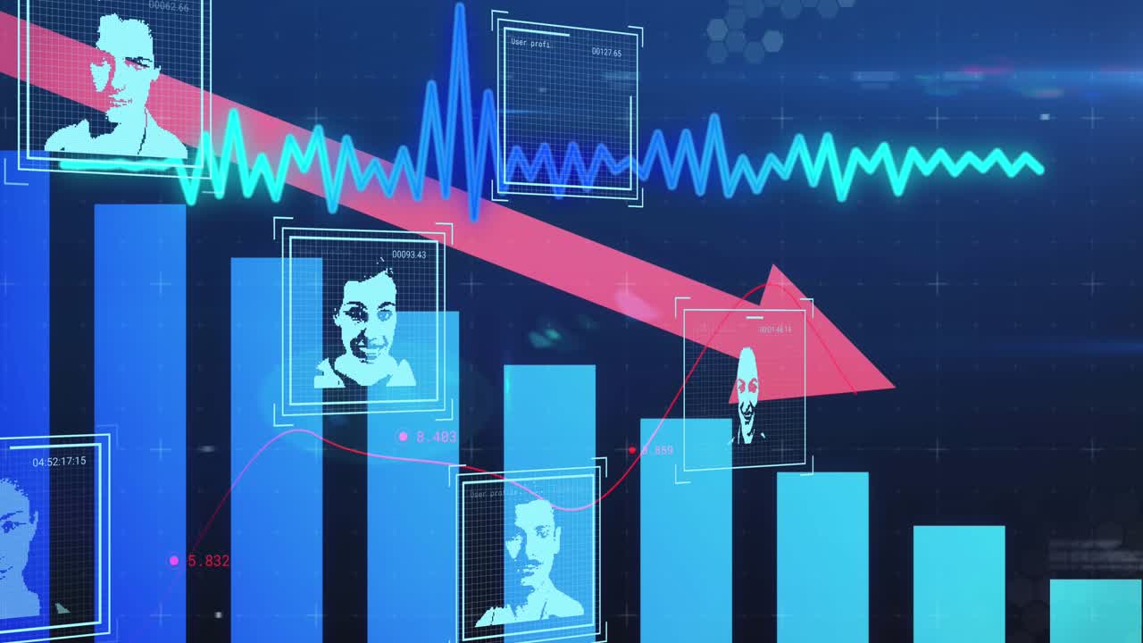 Animation of arrow, graphs and user photos on blue background